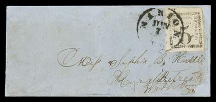 55X1, Marion, Va., 5c Black, extravagantly large margins all around, tied by bold Marion Va.Jun 7 (1861) c.d.s. to small restored blue cover addressed to Rural Retreat, Va.,
restoration includes front and backflaps having been separated and a