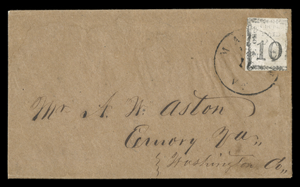 55X2, Marion, Va., 10c Black, margins on three sides, fourth at right cutting frame and part of the post office name, tied to brown homemade cover by Marion Va.Nov 16 (1861)
c.d.s., addressed to Emory, Va., fine.This attractive cover is one