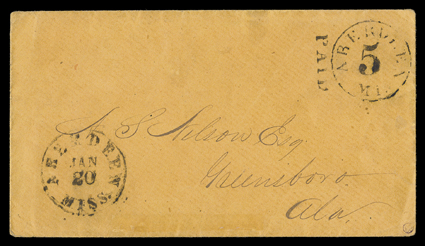 1XU1, Aberdeen, Miss., 5c Black entire, excellent clear strikes of Aberdeen MI.5 and matching Paid provisional handstamps on orange entire addressed to Greensboro, Ala., with
Aberdeen Miss.Jan 20 (1862) c.d.s. in bottom left corner, extr