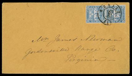 58X2, Mobile, Ala., 5c Blue, vertical pair with large and wonderfully balanced margins, lovely fresh color, tied to a buff cover addressed to Gordonsville, Va. by an excellent
strike of Mobile, Ala.Oct 21 1861 double circle town postmark, top