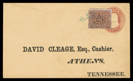 61X3, Nashville, Tenn., 5c brick red, rich luxuriant color and impression on deeply blued paper, two very large margins, including showing a part of the adjoining stamp at left,
other frame lines slightly cut into, tied by light strike of blue 