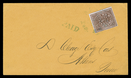 61X5, Nashville, Tenn., 5c Violet brown, choice example featuring full to huge margins all around, including showing just a portion of the adjoining stamps frame line at left,
gorgeous intense color in a lovely chocolate brown shade on deeply b