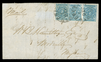 62X1, New Orleans, La., 2c Blue, three attractive singles, two with ample to large margins, third with two large margins and other sides just cutting in, each in an especially
deep shade, all placed neatly in a strip of three fashion (one upside