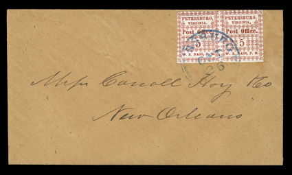 65X1, Petersburg, Va. 5c Red, horizontal pair, positions 2-3, margins ample to just slightly into some ornament tips, intense color and impression, nicely tied to buff cover by
blue Petersburg Va.Oct 26 (1861) c.d.s., addressed to Carroll Hoy