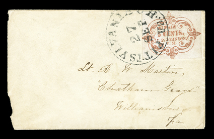 66X1, Pittsylvania Court House, Va., 5c Dull red on wove, a spectacular rectangularly cut example, with full margins all around (just touching tips of ornaments), tied to small
cover by clear Pittsylvania C.H. Va.27 Sep (1861) c.d.s., address