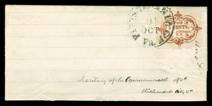66X2, Pittsylvania Court House, Va., 5c Dull red on laid, an exceptional rectangularly cut example, possessing large margins (just touch at tips of ornaments), deeply rich color
and impression, trivial vertical natural gum crease tied by bold P