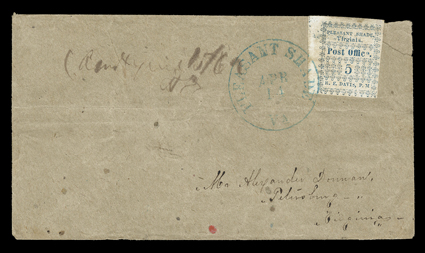 67X1, Pleasant Shade, Va., 5c Blue, position 1, exceptional top left corner sheet-margin example, with large margins all around, faint gum toning, tied to grayish homemade cover
addressed to Petersburg, Va. from the Donnan correspondence (from w