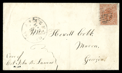 5X2, Athens, Ga., 5c Red, Type II, four large and wonderfully well balanced margins, bright rich color and a detailed impression, tied to a neat white cover by a light strike of
a grid cancel, matching Athens Ga.PaidMar 31 (1862) c.d.s. at l