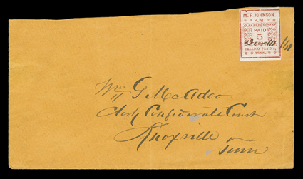 81X1, Tellico Plains, Tenn., 5c Red, clear to large margins all around, just touching frame line at top right, fresh rich color, tied to orange buff cover by appropriate Decr
1061 manuscript cancel, addressed to William G. McAdoo, Clerk of Co