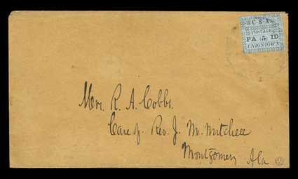 86X3, Uniontown, Ala., 5c Green on gray blue, position 2, with distinctively different design elements from the stamp in the previous lot, the only design in the setting of four
that shows Lobe ornaments at top and Loop ornaments at bottom, tigh