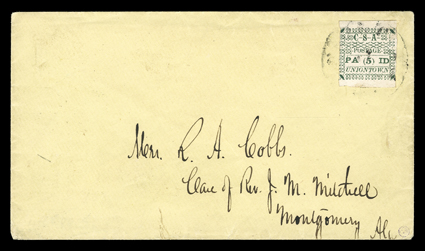 86X4, Uniontown, Ala., 5c Green, position 4, huge margins at top and bottom, clear to barely touched at sides, strong color and impression on bright paper, tied by
characteristic light strike of Uniontown, Ala. c.d.s. to pretty canary cover to M