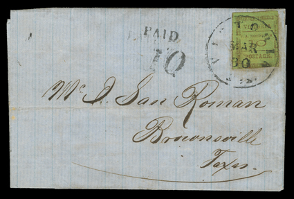 86X2, Victoria, Tex., 10c Red brown on green, very large margins at left and at top, touch at right and bottom, tied to 1863 blue folded letter to J. San Roman, Brownsville,
Tex. by mostly clear Victoria Tex.Mar 30 c.d.s., additional Paid a