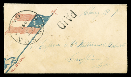 Dawson, Ga.Oct. 1861 nearly complete c.d.s., with matching Paid handstamp on very scarce 11-Star Confederate Flag patriotic cover (Dietz F11-9), with Bartow slogan, very faint
and unobtrusive toning, very fine.