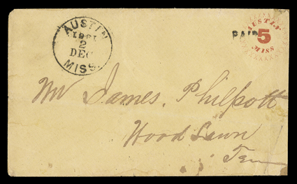 8XU1, Austin, Miss., 5c Red on amber entire, extraordinary ornamental provisional design, typeset and press-printed at top right corner of amber colored envelope addressed to Mr.
James Philpott, Wood Lawn, Tenn., strong complete strike of Austi