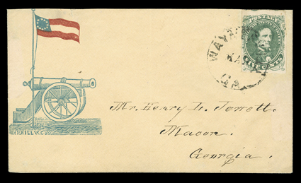 1, 5c Green, Stone 1, ample to mostly large margins, tied to an immaculate Confederate Flag & Cannon patriotic cover (Dietz CN-4) by Waynesville Ga.Mar c.d.s., addressed to
Macon, Ga., cover slightly reduced at top (just touching top of f