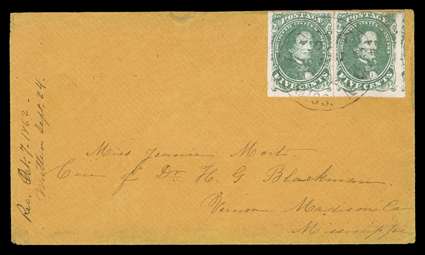 1 var., 5c Green, Stone 1, Baton Rouge Roulette, horizontal pair, roulettes on all four sides, strong fresh color, tied by clear central strike of Jackson Miss.Oct 3 1862 (3
inverted) c.d.s. to orange buff cover which originated in Bato