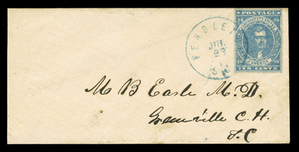 2b, 10c Dark blue, Hoyer & Ludwig, small even margins, excellent bright shade, tied to small cover by blue Pendleton S.C.Jul 23 (1862) c.d.s., addressed to Greenville, S.C., bit
reduced at left, very fine.