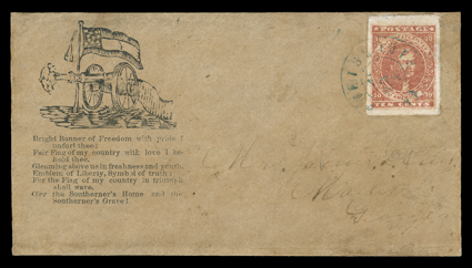 5a, 10c Carmine, large to mostly huge margins all around, wonderfully intense shade, tied to handsome brown Flag with Cannon and verse patriotic cover (Dietz CN-3) by blue
Portsmouth Va.May 9 1862 double circle datestamp, addressed to