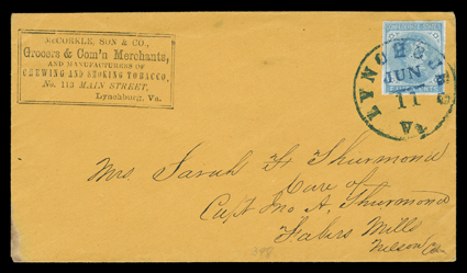 6, 5c Light blue, De La Rue, ample margins to just clear, tied to lovely orange cover by bold blue Lynchburg Va.Jun 11 (1862) c.d.s., addressed to Fabers Mills, Va., with
merchants corner card, extremely fresh, very fine an immaculate