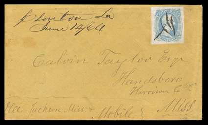 9b, 10c Gray blue TEN, a gem example with lavishly large margins all around, plus its color is particularly vibrant, cancelled by pen strokes with Clinton La.June 1464
manuscript postmark to left on orange cover, addressed to Calvin Taylor