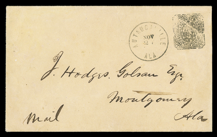 10XU1, Autaugaville, Ala., 5c Black entire, outstanding sharp strike of this unusually detailed brass provisional handstamp, much in the same style as the Athens, Ga. adhesive
provisional, on a most attractive cover addressed to Montgomery, Ala.