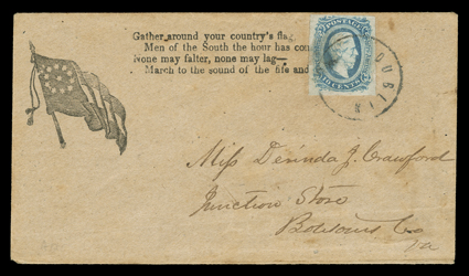 11, 10c Blue, Die A, four large margins, tied to a choice quality 11-Star Confederate Flag patriotic cover (Dietz F11-16) with four-line verse by Dublin Va. dateless circle,
addressed to Junction Store, Va., very fine an especially attrac