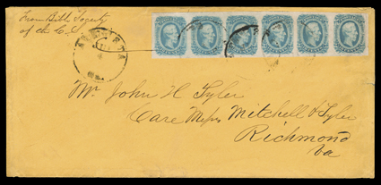 12, 10c Deep blue, Die B, a striking horizontal strip of six, featuring exceptionally rich color in a striking early shade, plus its margins are large to huge all around
(scissors cut in bottom right margin well away from design), tied an unusua