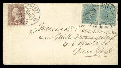 Thru-the-Lines Usage, 1862 cover from Louisburgh, N.C. to New York City, franked with horizontal pair of 5c Blue, Local Printing on De La Rue paper (7 var.), full margins all
around, tied by Louisburgh N.C. c.d.s., used in combination with Uni