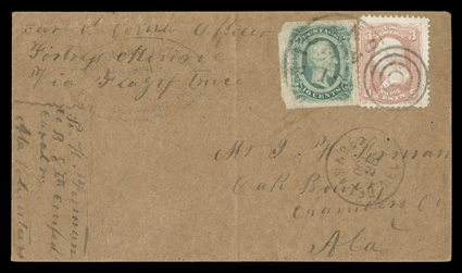 Flag of Truce P.O.W. cover from Fort Delaware, brown homemade cover from Fort Delaware to Oak Bower, Ala., lightly struck examiners oval handstamp at top left, Delaware CityOct
28 c.d.s. at right, United States 3c Rose (65) used in combinati