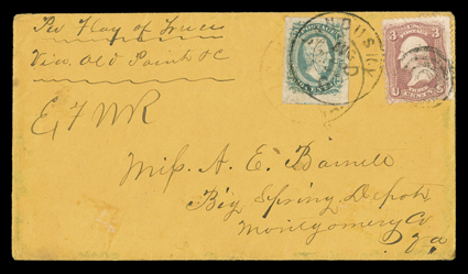 Flag of Truce P.O.W. cover from Johnsons Island, orange buff cover from Sandusky, Ohio to Big Spring Depot, Va., manuscript endorsement Per Flag of TruceVia Old Point & C along
with examiners initials, United States 3c Rose (65 off center)