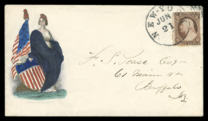 26, 3c Dull red, Ty. III, fine single with deep color, tied to a gorgeous handpainted Liberty, Flag & Shield Kimmel patriotic cover (Walcott 2114) by bold New-YorkJun 21 c.d.s.,
addressed to Buffalo, N.Y., immaculate condition, very fine