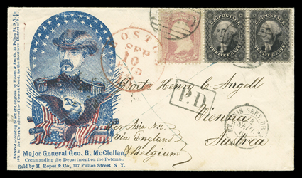 36, 12c Black, plate I, horizontal pair, both stamps with tears, used in combination with 3c Rose pink (64b, repaired), neatly tied to 1861 General Geo. B. McClellan portrait
patriotic cover (unlisted in Walcott) to Vienna, Austria, fro