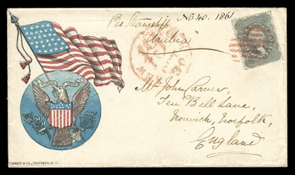 37, 24c Gray lilac, exceptionally well centered, perforations scissor separated but fully intact all around, deep rich color, neatly tied by red rimless grid to choice 1861 red
and blue Waving Flag with National Shield patriotic cover (Walco