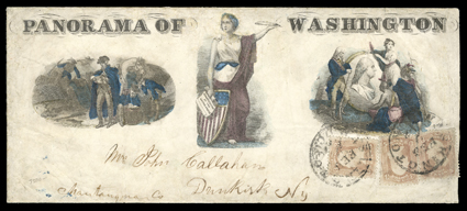 65, 3c Rose, three singles tied to face of large-size (9½ x 4) all-over multicolored Panorama of Washington Magnus patriotic cover (Walcott 1) by two strikes of Washington
D.C.Feb 2 c.d.s., with original spectacular matching enclos