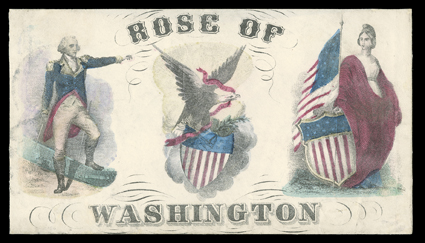65, 3c Rose, vertical pair, fine centering, tied to reverse of all-over multicolored Rose of Washington Magnus patriotic cover (Walcott 5) by indistinct Washington, D.C. c.d.s.,
addressed to Lancaster, Pennsylvania, some trivial soiling,