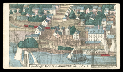 65, 3c Rose, well centered single with bright color, tied to reverse of all-over multicolored Birds Eye View of Alexandria, Va., No. 1.C. Magnus patriotic cover (unlisted in
Walcott) by partial doubly struck c.d.s., addressed to Baltimore
