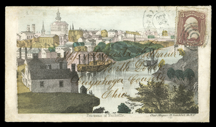 65, 3c Rose, centered to bottom and small edge flaws, tied to a handsome all-over multicolored Panorama of Nashville Magnus patriotic cover (Walcott 691) by Port Royal S.C.Oct
25 1863 c.d.s. and target, addressed to North Dover, Ohio,