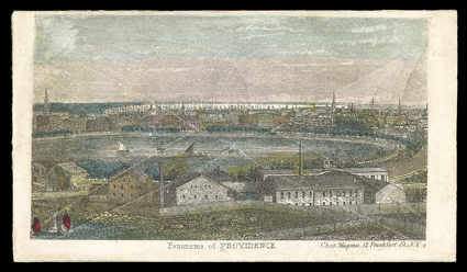 65, 3c Rose, centered a bit to left, tied to reverse of rare all-over multicolored Panorama of Providence Magnus patriotic cover (unlisted in Walcott) by Georgetown, D.C.? 27
1864 c.d.s. and target, nicely addressed to Preble, N.Y. in m