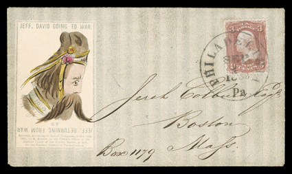 65, 3c Rose, perfectly centered single, tied to all-over handcolored Jeff Davis Going to War caricature patriotic cover by E. Rogers (Walcott 933) by excellent strike of
Philadelphia Pa.Sep 1 1863 c.d.s., extremely fine.Quite likely