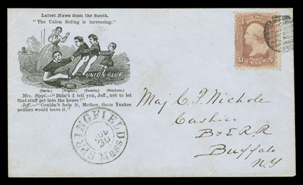 65, 3c Rose, centered to left, intense color, tied to scarce Latest News from the South. The Union feeling is increasing cartoon patriotic cover (Walcott 1135) by neat grid in
circle postmark, matching Springfield Mass.Jul 30 c.d.s. be