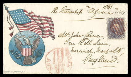 70c, 24c Violet on thin paper, a lovely example with absolutely magnificent intense violet color, attractively centered, tied to immaculate 1861 red and blue Waving Flag with
National Shield patriotic cover (Walcott 2409) by a boldly struck