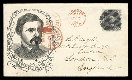 78, 24c Lilac, left straddle pane example, in an extraordinarily intense shade for this stamp, tied by bold grid of diamonds to a handsome 1864 General McClellan portrait within
wreath patriotic cover (Walcott 303) to London, England, from