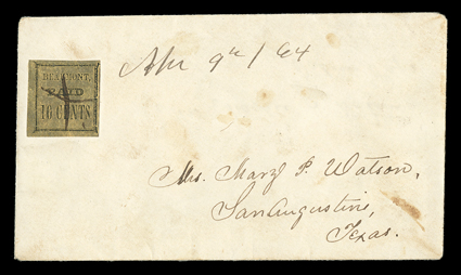 12X1, Beaumont, Tex., 10c Black on yellow, position with comma after Beaumont, full to mostly very large margins, some slight discoloration to paper from adhesive, neatly
cancelled by manuscript small X and with matching Apl 9th64 postmar