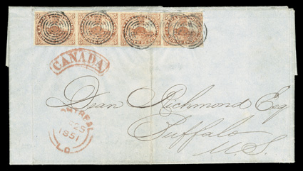 1, 1851 3p Red on laid paper, horizontal strip of four, pane A, positions 31-34, position 34 displaying a major re-entry, large margins all around except just cutting frame at
right, deep rich color, tied by four neat target cancels to blue