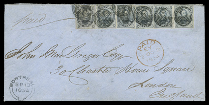 2, 1851 6p Slate violet on laid paper, six singles applied side-by-side (resembling a strip) all tied together and to an extraordinary 1854 cover to London, England by target
cancels, stamps all with largely ample to mostly large margins, deep r