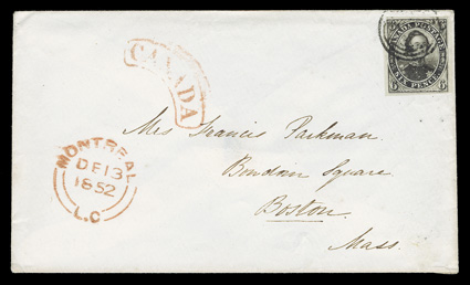 2, 1851 6p Slate violet on laid paper, striking single, with an intense shade and a prooflike impression, large margins all around except close at one small point at top left,
tied by a target cancel to a fresh white cover to a Mrs. Francis Park
