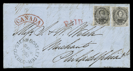 2, 6p Grayish purple on laid paper, two four-margin singles tied to handsome double weight 1852 steamboat folded letter to Philadelphia, stamps are just tied by light central
strikes of target cancels, beautiful strike of Steam-Boat-LetterQueb