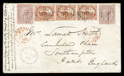 4c, 3p Red on soft ribbed paper, horizontal strip of three with ample to mostly large margins, tied together with two choice four-margined singles of the 1857 ½p Rose (8) to a
small and especially attractive 1858 cover from Toronto to South