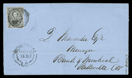 5, 1855 6p Slate gray on wove paper, four large and wonderfully well balanced margins, deep prooflike color and impression on bright fresh paper, neatly tied to a handsome blue
colored 1857 folded entire from Montreal to Bellevue by 21 target