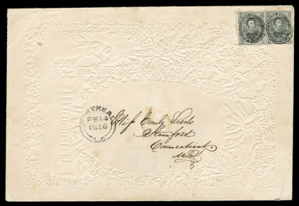 5, 1855 6p Slate gray on wove paper, two singles, each with ample to large margins, as well as strong color and impressions, one with insignificant tear, tied by two strikes of
target cancels to an impressive 7¾ x 5¼ fancy embossed Valentin